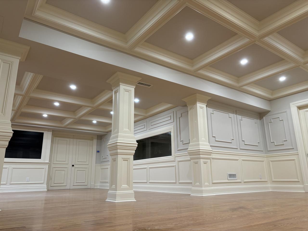 Coffered ceiling with center column in a great room