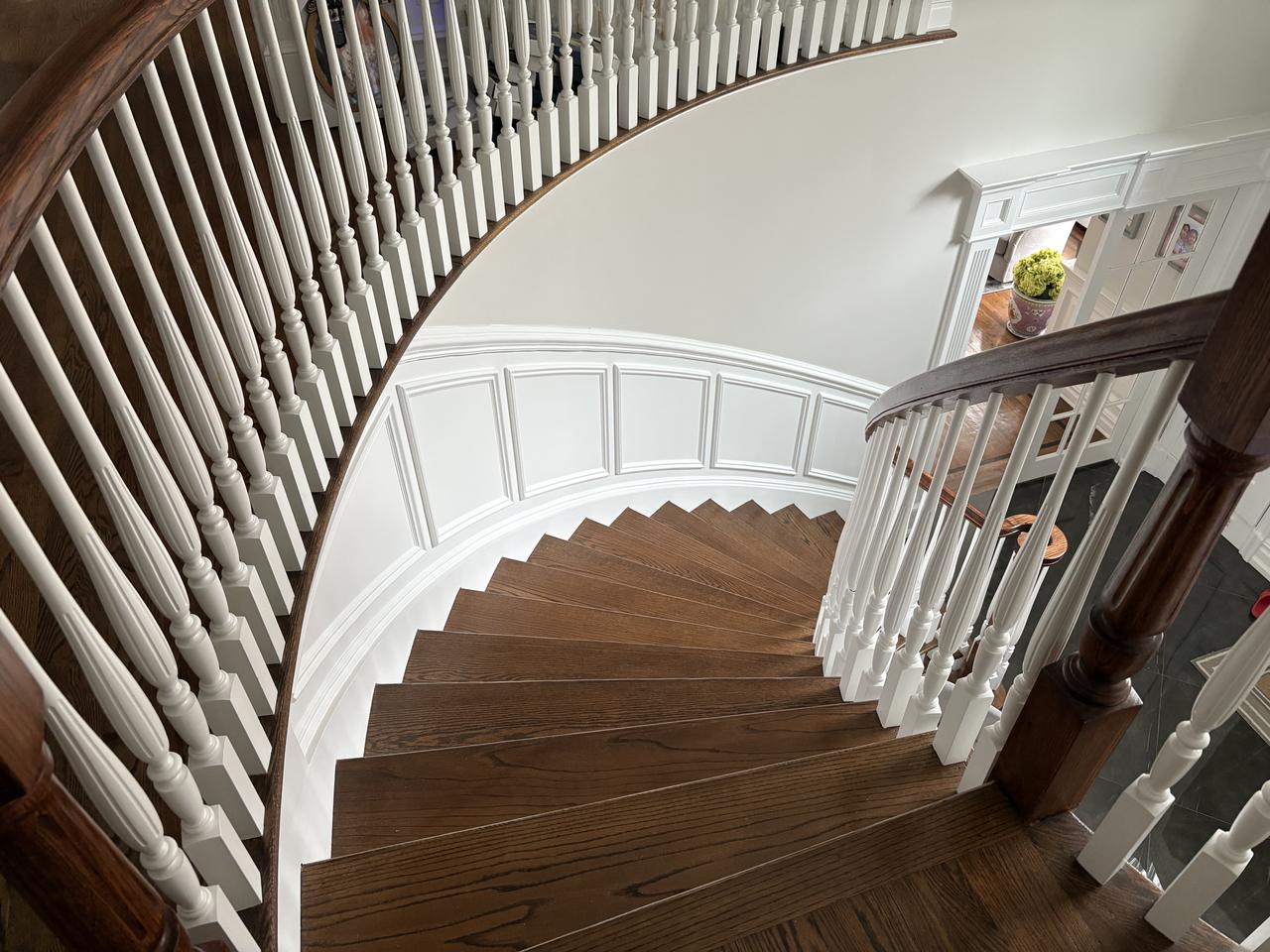 Curved staircase with painted trim and iron rail